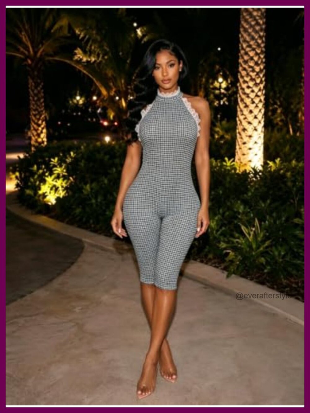 Women's Checkered Halter Jumpsuit Sleeveless Open Back Bodycon Romper - Picture 3 of 6